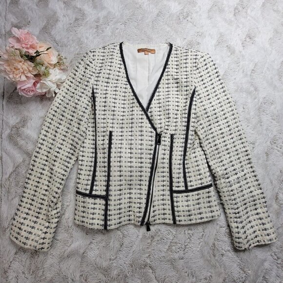 Ellen Tracy Ivory Black Diagonal Zip V Neck Knit Blazer Size 8 - Picture 1 of 13